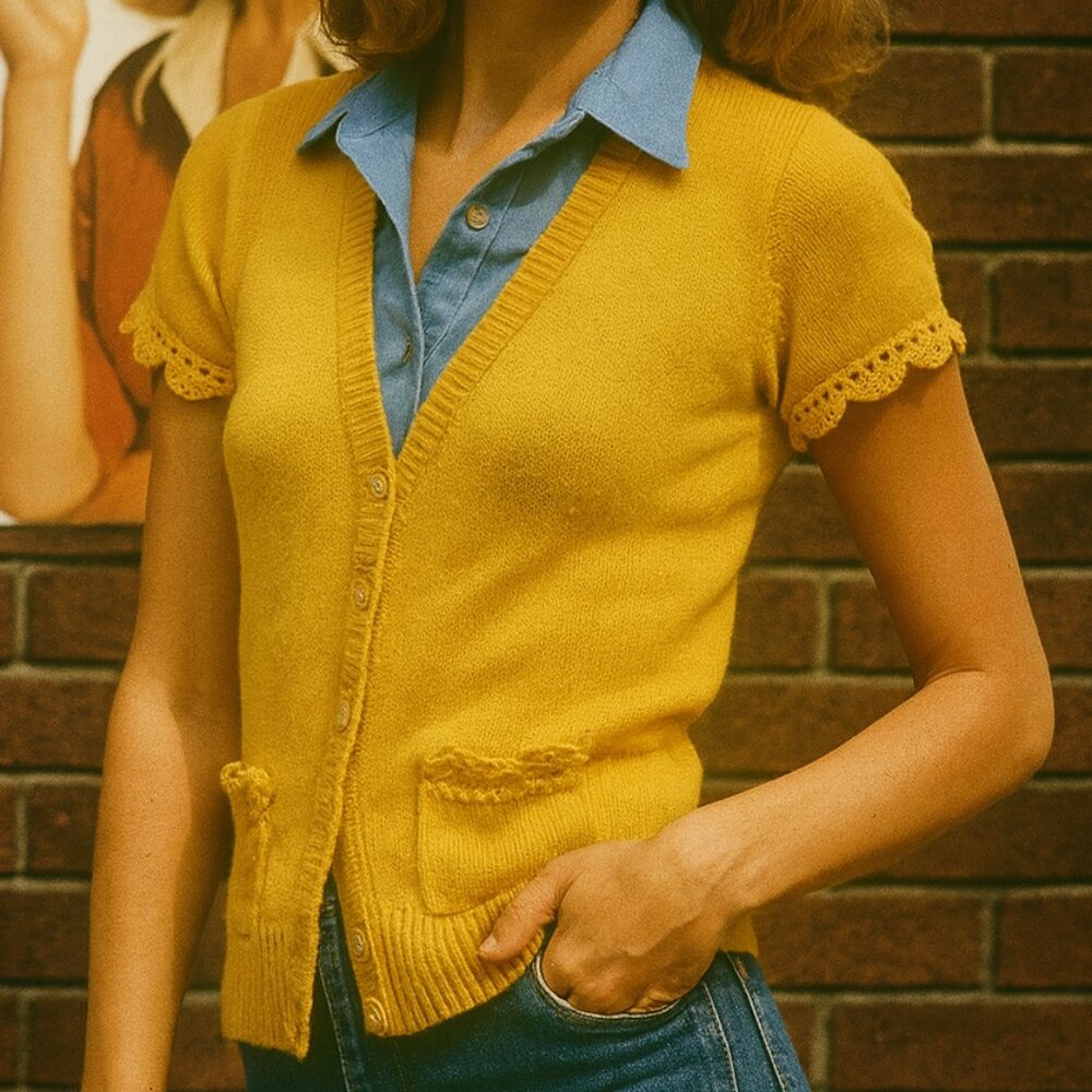 Vintage 70s Style Crocheted Boho Yellow Knit Top Button Front Short Sleeve - Picture 11 of 11